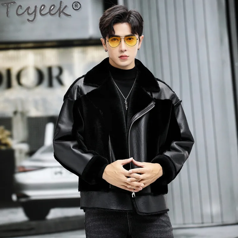 Tcyeek Natural Sheepskin Coat for Men Clothing Fashion Genuine Leather Motocycle Jacket Loose Men's Real Fur Coat Winter Jackets