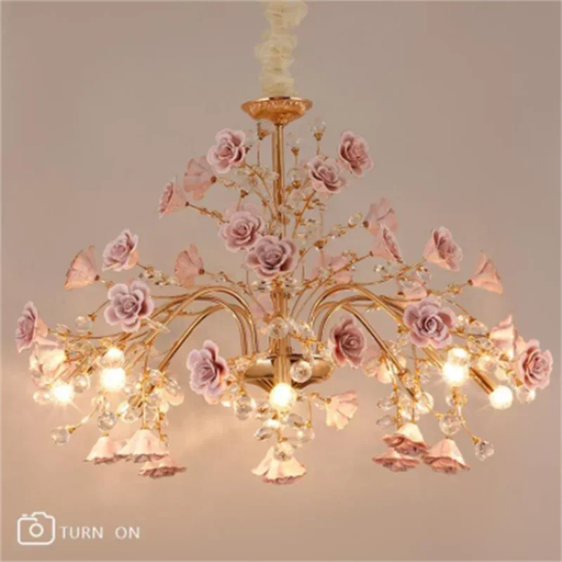 

Bedroom Light Luxury Crystal Chandelier European Style Branch Peach Powder Ceramic Lantern Court Rose Decorative Lamp