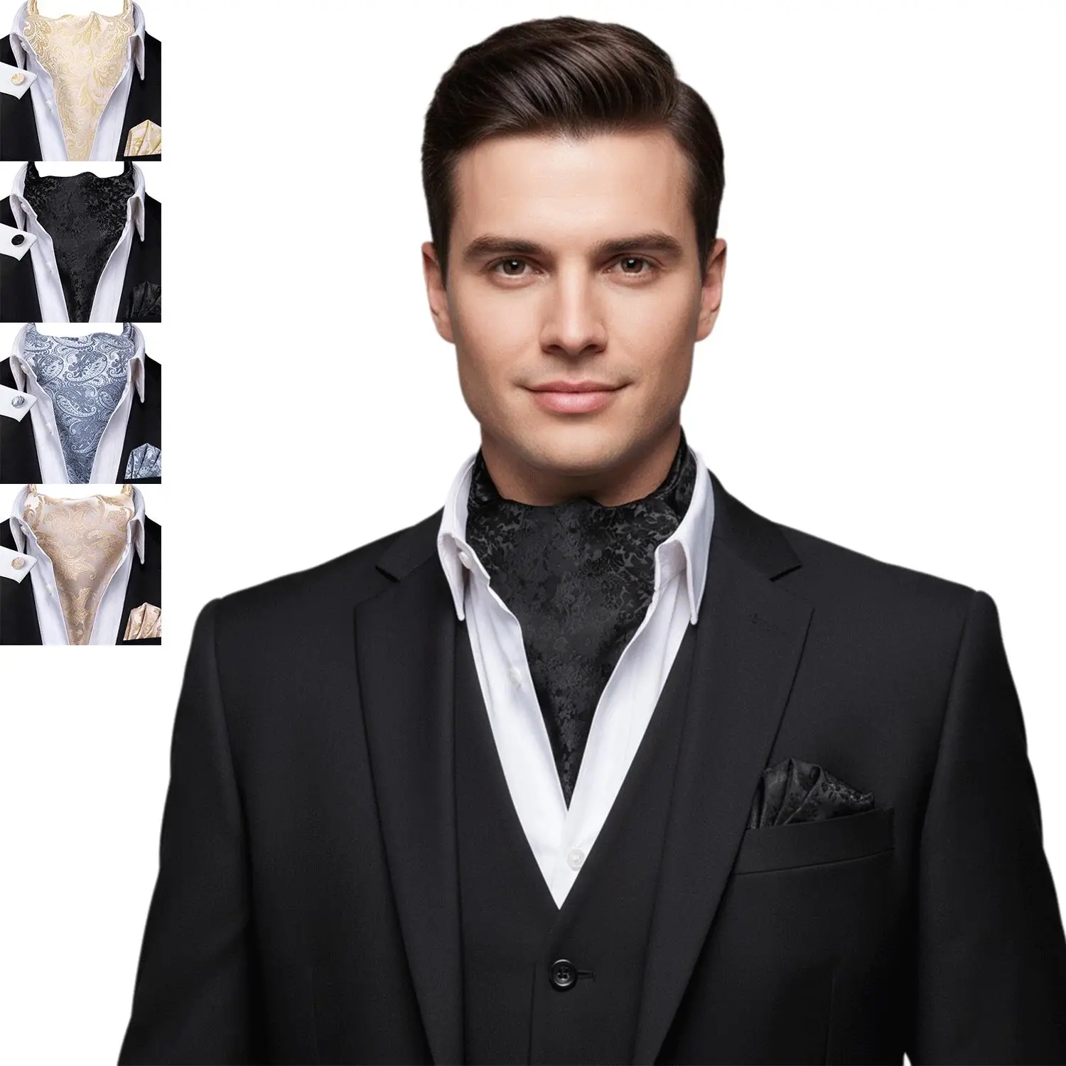 

Men's Ascots Fashion Luxury Paisley Black Grey White Cravat Set with Cufflinks and Handkerchiefs for Daily Casual Outing