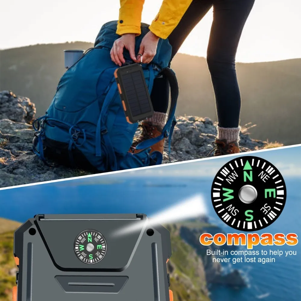 Solar Power Bank10000/20000MAH Portable Fast, Equipped with 4 Dual USB Ports And Type-C/Micro USB Input Ports, Built-in 2.4W LED Flashlight/compass, Suitable for All Mobile Devices, Travel And Camping Backup Power, Practical Gift for Boyfriend view 5