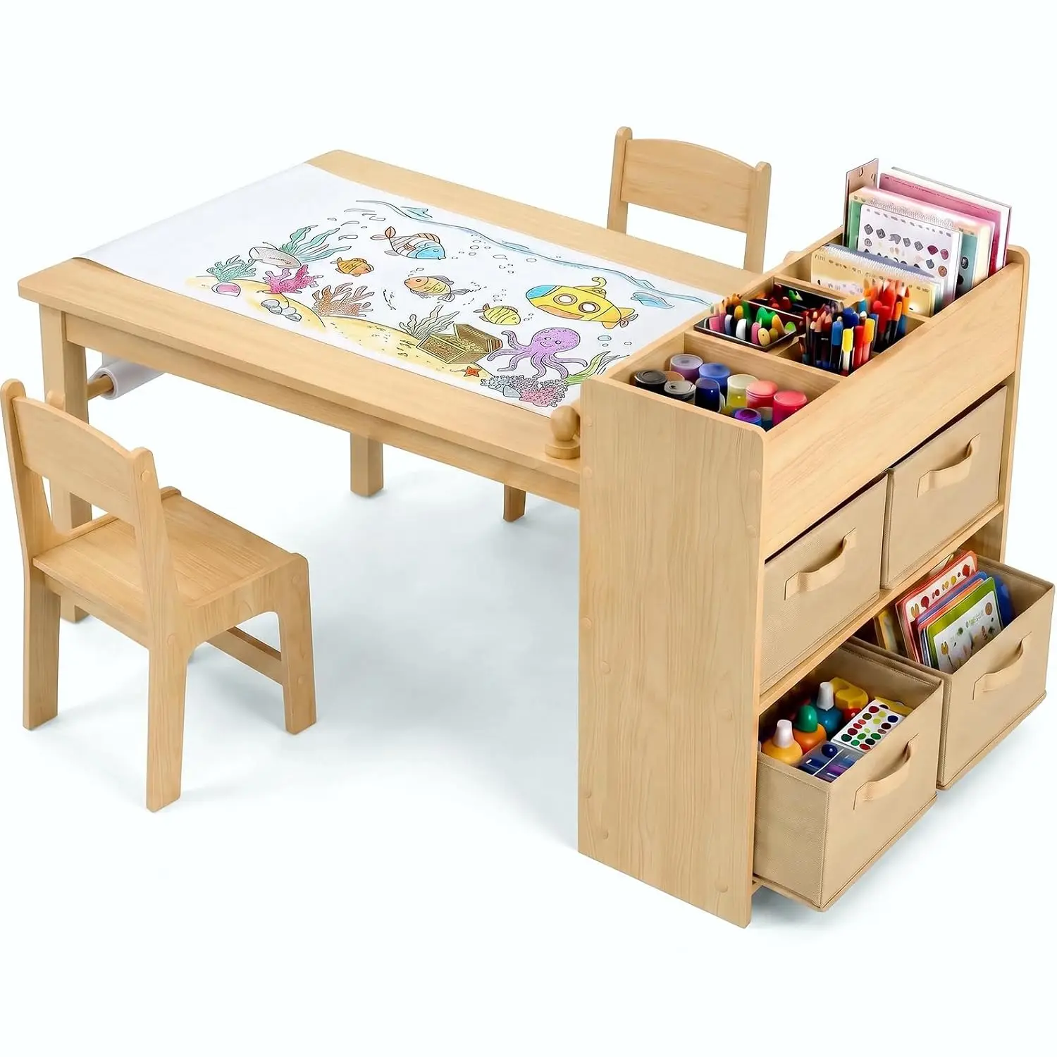 Kids Art Table & 2 Chairs Wooden Desk w/ Paper Roll & Bins for Toddler Drawing Painting, Customized