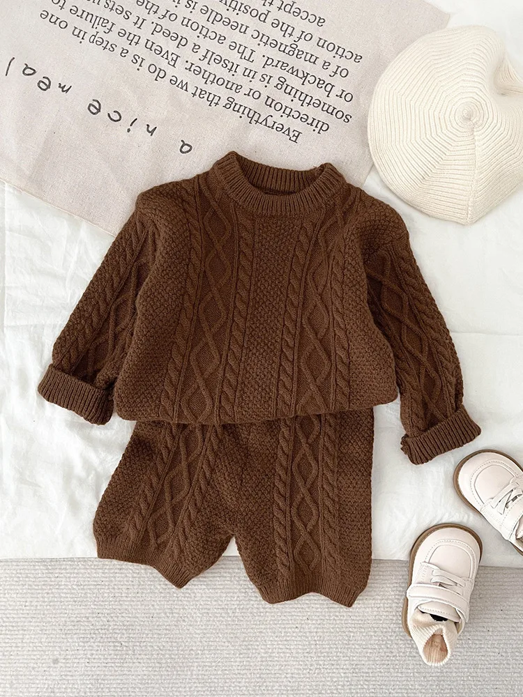 Autumn Winter Children Knitted Twist Sweater Set Kid Boy Girl Retro Casual Tops + Shorts 2pcs Baby Knitting Pullover Shirt Suit