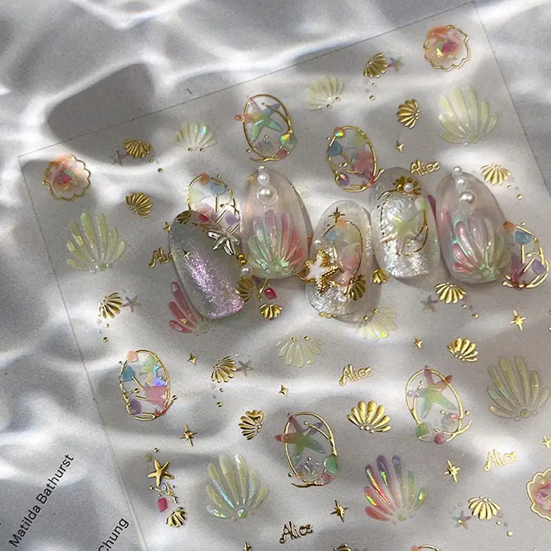 Urocze naklejki na paznokcie, ozdoby do paznokci, złote naklejki 5D z podwójną warstwą, muszelki, rozgwiazdy, naklejki do zdobienia paznokci, dekoracje do paznokci, akcesoria do paznokci.
