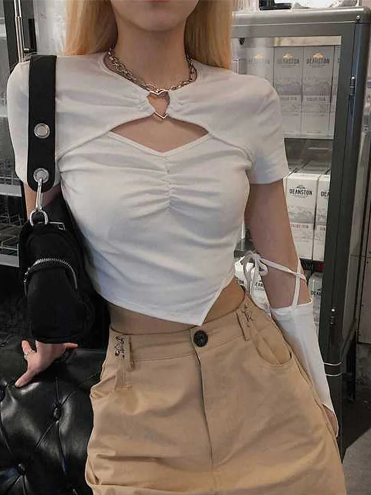 High Street Short Sleeve T-shirt Women Harajuku Summer Hollow Out Slim Design Ins Korean Style Above Navel Cropped Top All-match