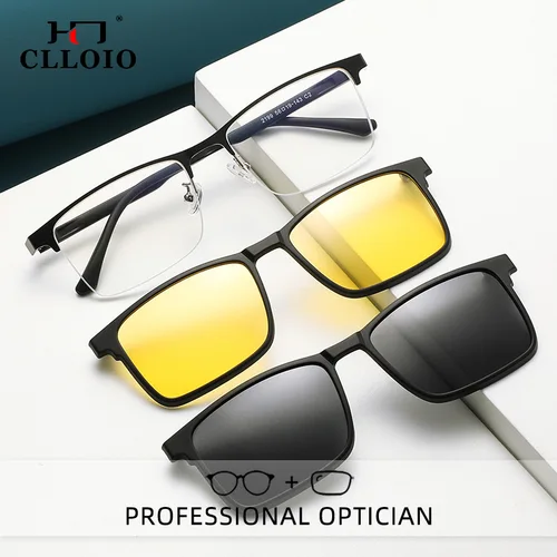 Imagen 1 del producto CLLOIO gafas graduadas con Clip magnético 2 en 1 para hombre, gafas cuadradas de lectura de medio marco, gafas polarizadas para miopía con luz azul
