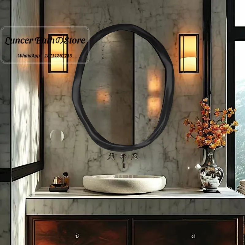 European-style bathroom bathroom mirror Wall-mounted oval black washstand Smart LED light defogging makeup mirror
