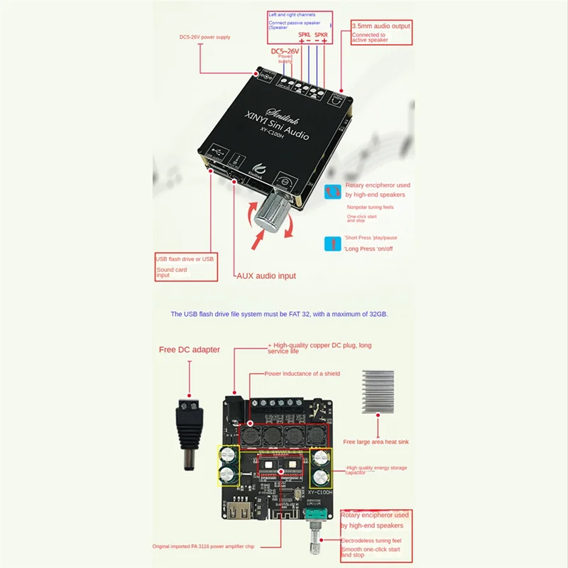 XY-C100H Placa Amplificadora Digital Bluetooth 5.0, 100W + 100W, 2 canais, versão HIFI 2.0, módulo de áudio estéreo, DC 5-26V, TPA3116D2