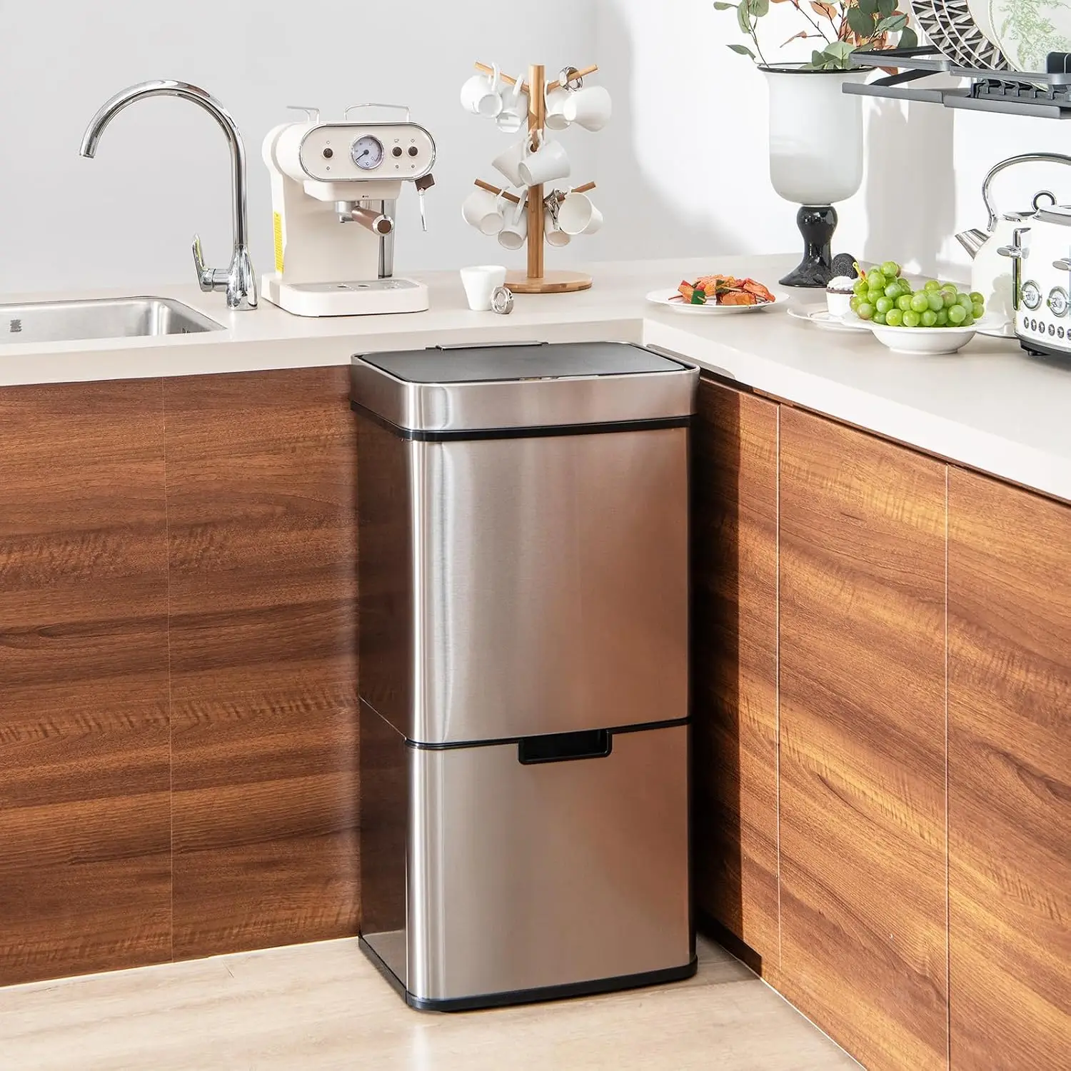 19 Gal Stainless Steel Trash Can, Motion Sensor Garbage Bin | Kitchen Waste Bin & 2 Bottom Recycling Bins, Touchless Trash Bin w