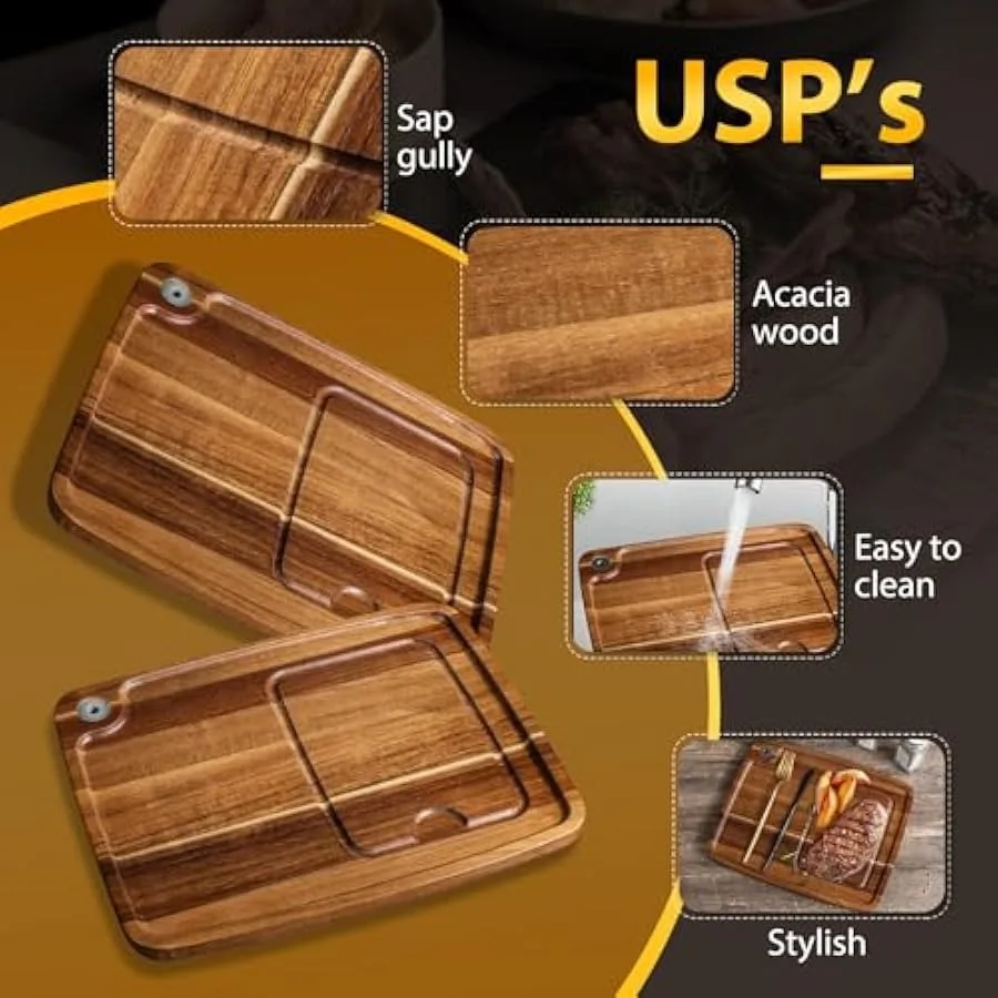 أطباق شرائح لحم خشبية مع قناة عصير - لوح تقطيع خشبي لخدمة شرائح اللحم - مجموعة أطباق مثالية لمحبي الشواء - مريلة سيزلينج