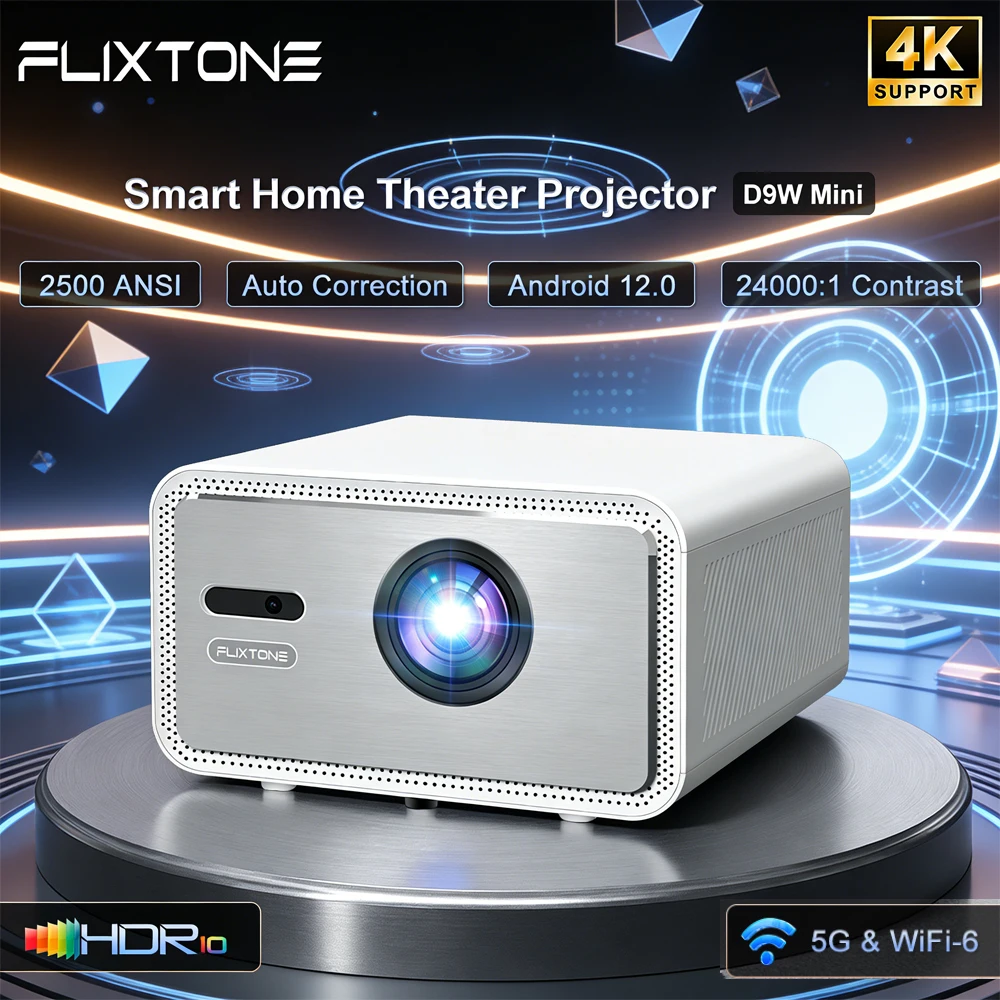 Flixtone D9W MINI 1080P Projector 2500 ANSI Full HD Ondersteuning 4K Decoding HDR Autofocus Home Cinema Android 12.0 Smart TV Beamer