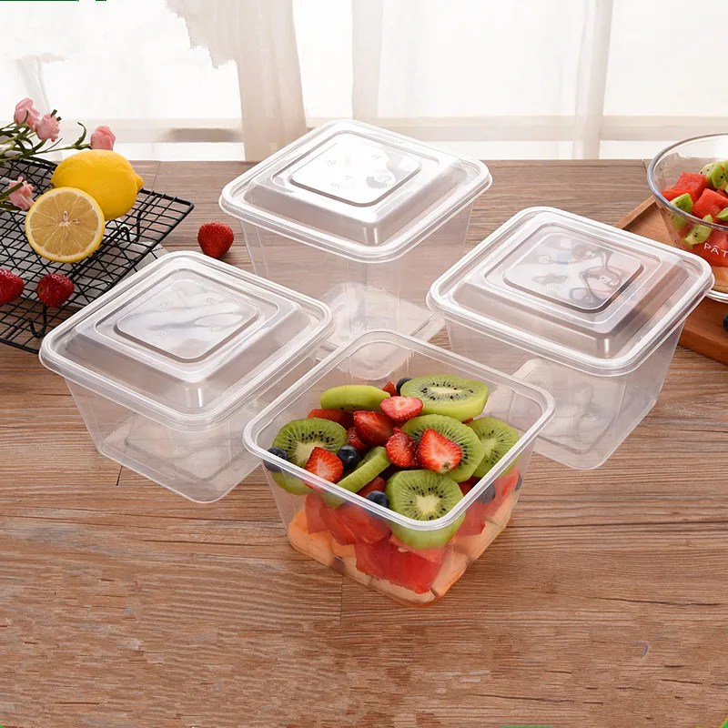 10pcs Net red square disposable lunch box 1250ml 1750ml 2000ml transparent packaging salad fruit food container cups with lids