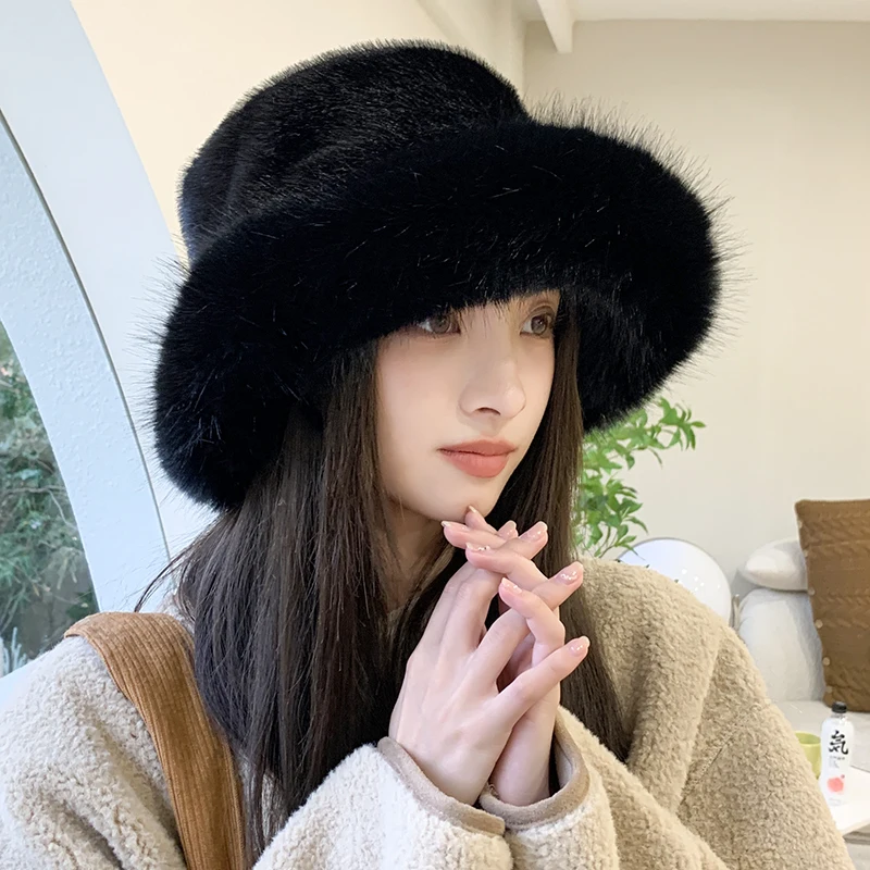 Big Faux Fur Fluffy Bucket Hat for Women Luxury Plush Winter  display picture 3
