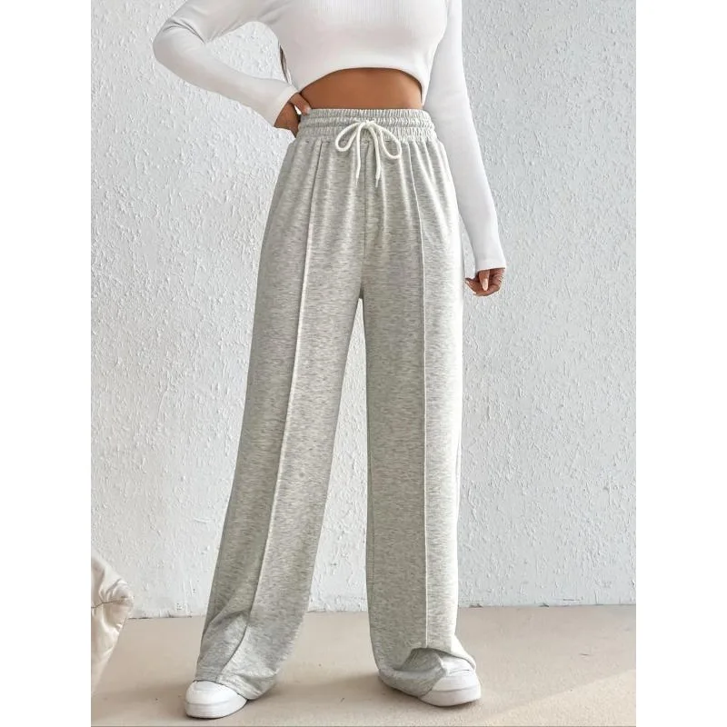 حجم كبير 1XL-5XL المرأة فضفاضة تناسب واسعة الساق الرياضة بناطيل كاجوال بلون مرونة الخصر الرباط Sweatpants مع جيوب