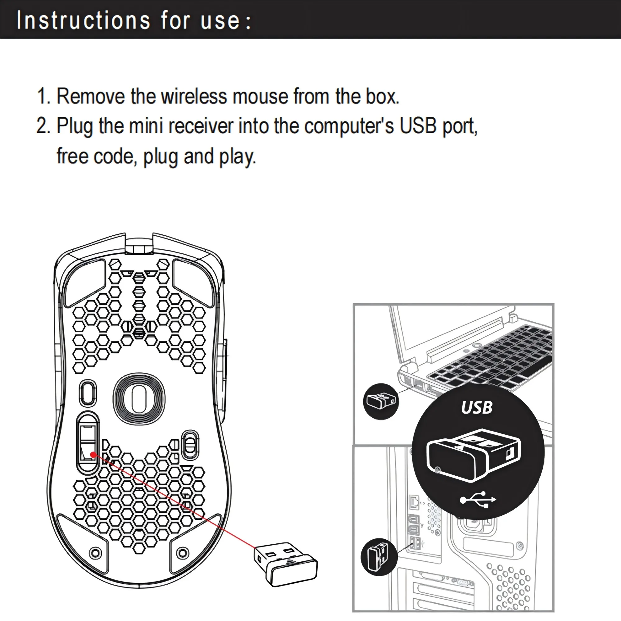 무선 게이밍 마우스, RGB 조명, 충전식 배터리, 허니콤 디자인, 2.4G USB 플러그 앤 플레이, 오른손잡이용