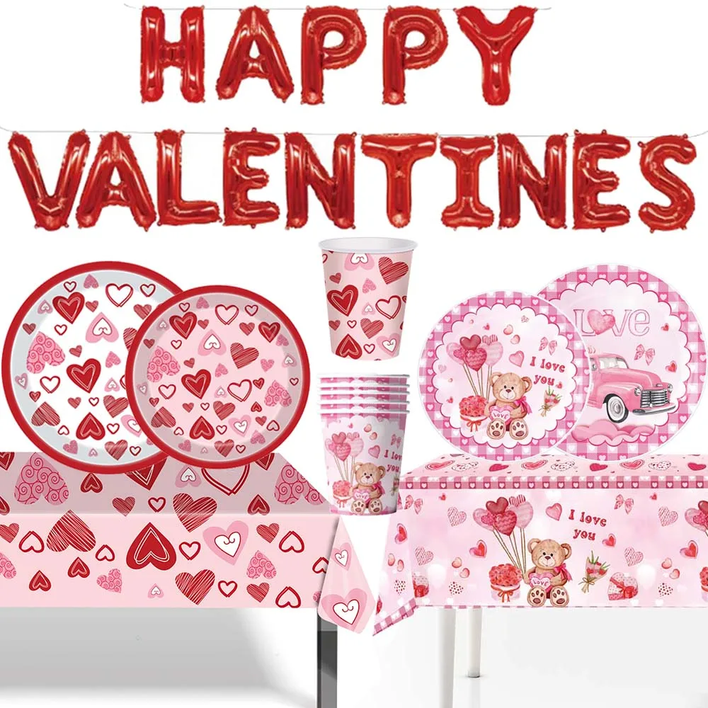 Valentine's Day Tableware Red Love Heart Paper Plates Cups Happy Valentine's Day Dinnerware Valentine’s Day Party Wedding Decors