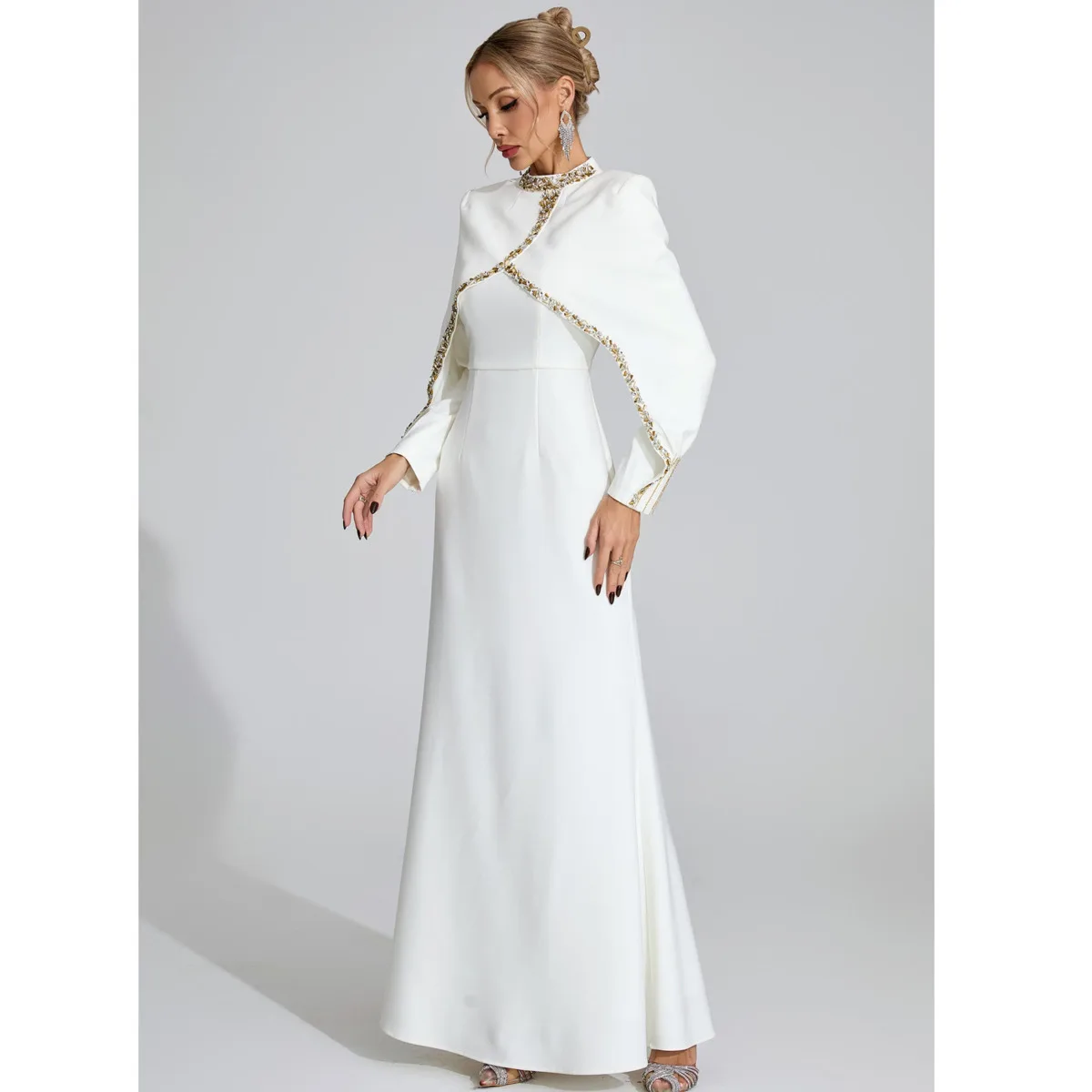 BJTZ 가을 셀러브리티 이브닝 가운 배트 슬리브 크리스탈 비즈 장식 플로어 길이 드레스 캐주얼 편안한 우아한 미니멀리스트 프리미엄 파티웨어