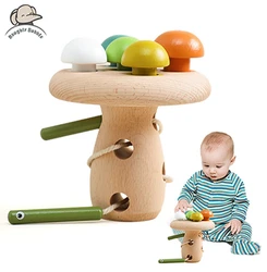 Wooden Baby Montessori Thread Toy Cartoon Mushroom Simulation Toys Natural Building Blocks Place Toys Room Decoration Baby Gifts