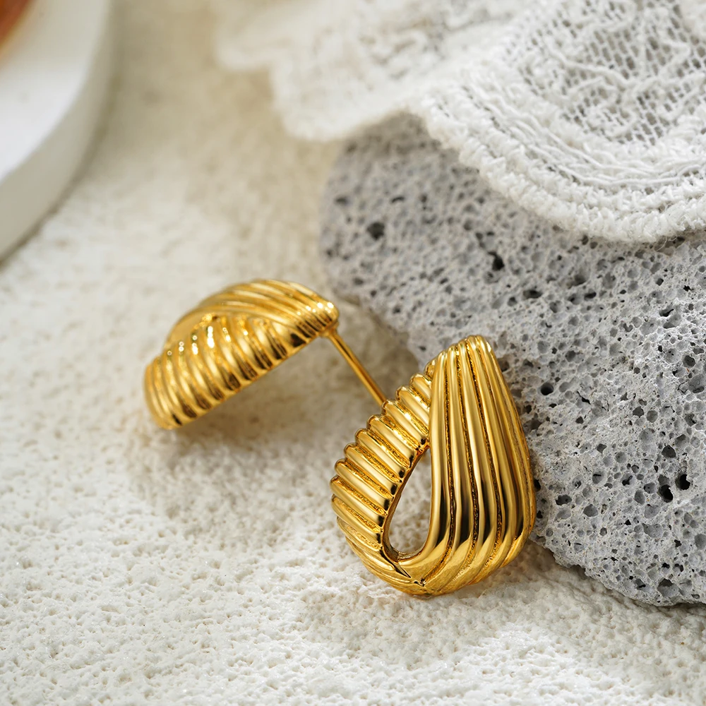 Vintage Stainless Steel Striped Hollow Waterdrop Stud Earrings Chunky Teardrop Texture Earring Versatile Personality Jewelry New
