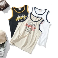 Summer New American Retro Sleeveless O-neck Letter Printed T-shirt Men's Fashion 100% Cotton Washed Old Casual Sports Vest Tops