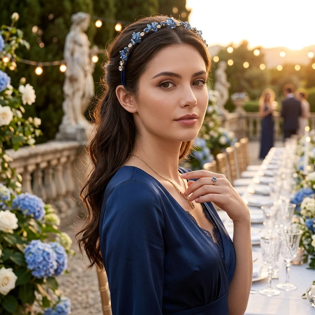 Fashion Blue Rhinestone Hairbands French Style Elegant Headband Narrow Edge Temperament Head Hoop Bride Wedding Hair Accessories