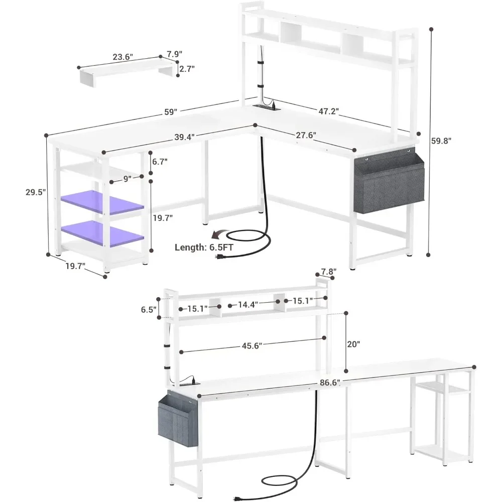 L Shaped Desk with Power Outlet&LED Strip,Reversible L-Shaped Corner Computer Desks Gaming Desk with Storage Shelf&Monitor Stand