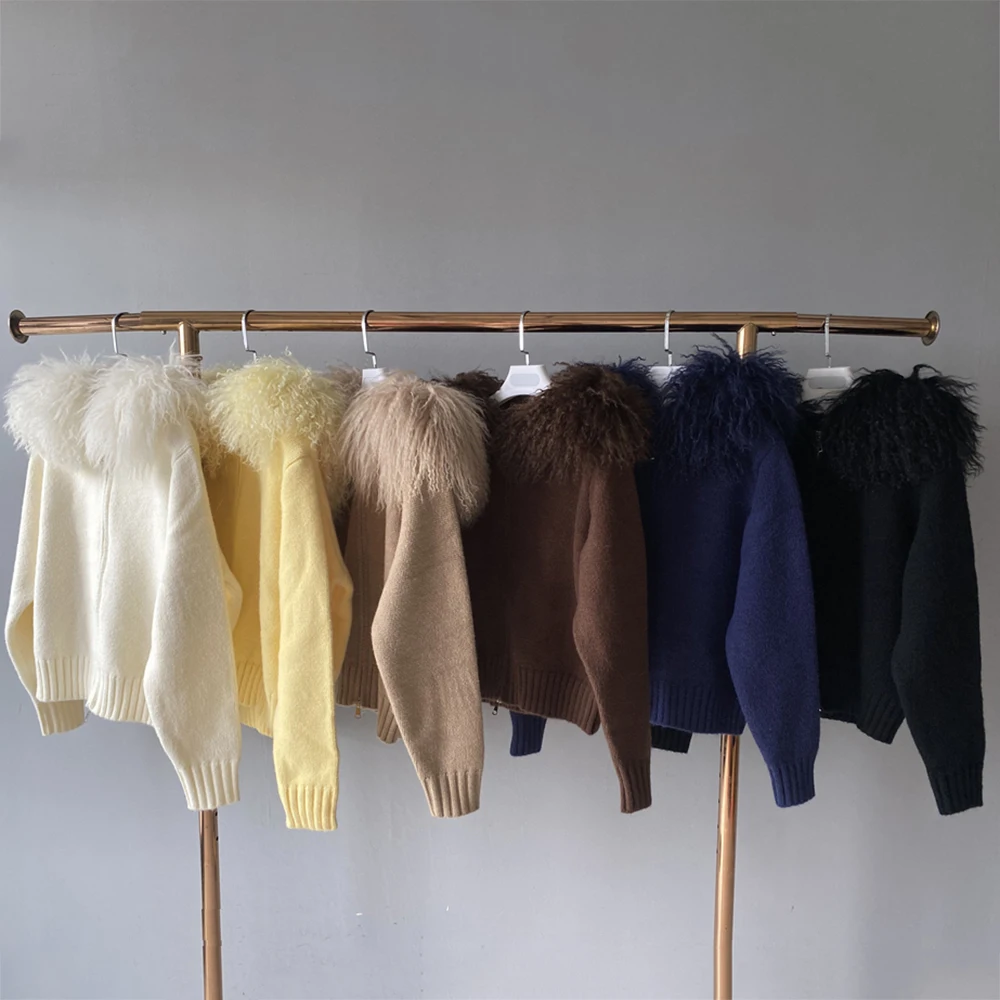 Jaxmonoy المرأة سترة مع الفراء الحقيقي السيدات الخريف موضة مقنعين سترة مشغولة من الصوف كبير المنغولية الأغنام الفراء طوق سترة 2025 جديد