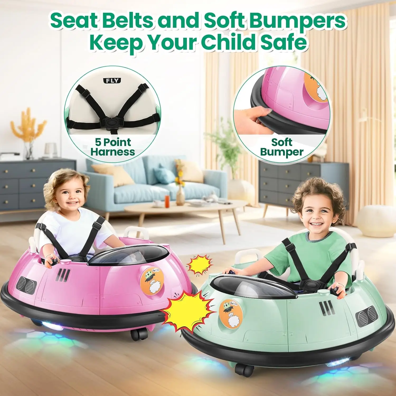 Bumper Cars for Toddlers 1-3 with Remote, 12V Kids Bumper Car, 360 Degree Spin, 5-Point Harness, LED Lights & Horn, Baby Bumper