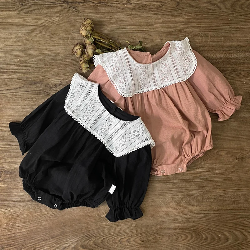 2024 New Autumn Korean Style Climbing Suit Long Sleeved Cotton Lace Splicing Newborn Baby Girls Bodysuits 0-24M Children Clothes