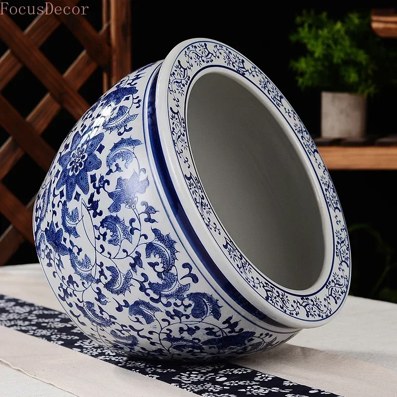 Ceramic Fish Bowl Round Chinese Blue and White Twigs Flower Porcelain Fish Bowls Tank Oriental Fish Bowl 12 Inch Traditional