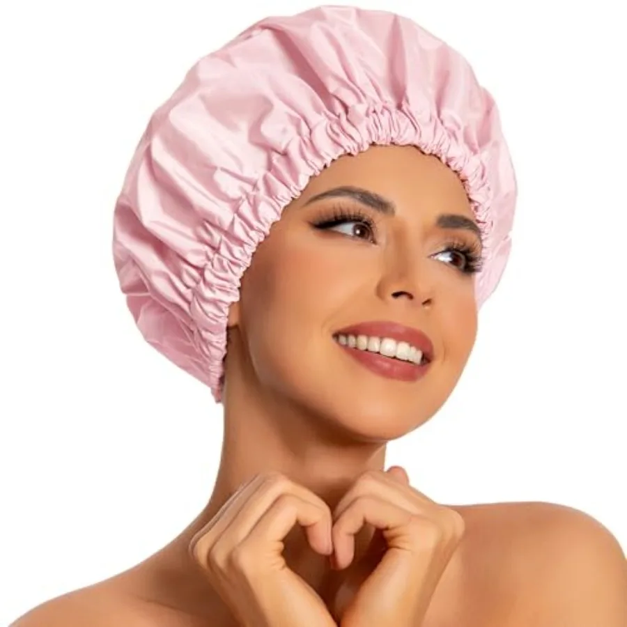 

Reusable Shower Cap for Women, Large Waterproof Shower Bonnet Washable Elastic Band Bath Hair Hat for Long Hair, Braids