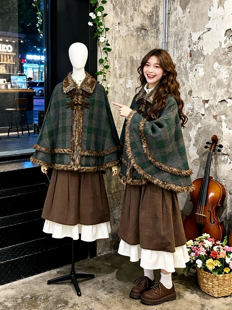 

Зимний комплект из двух предметов: пальто-накидка из искусственного меха большого размера и юбка в стиле ретро, корейский дизайн