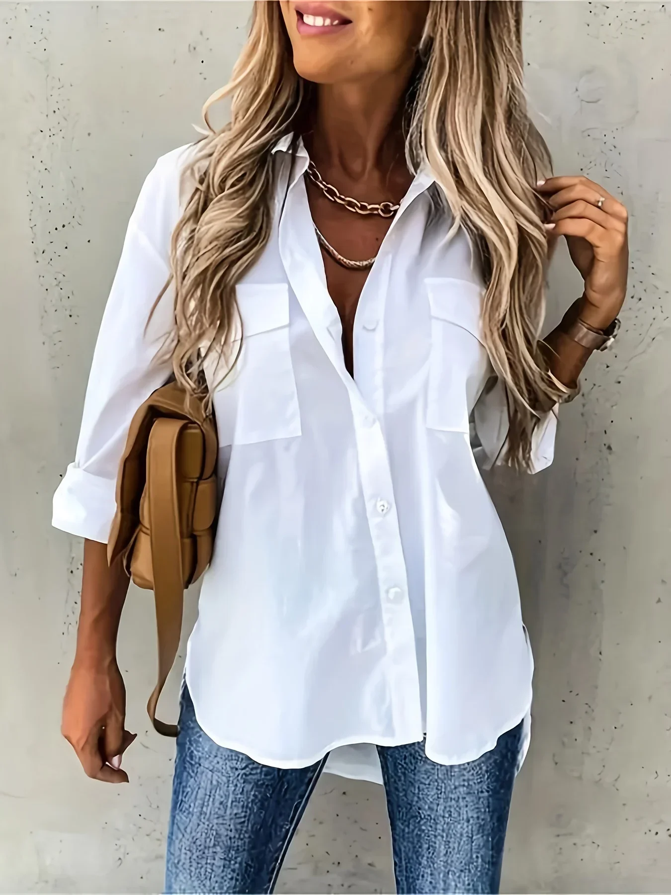 Fashion Plus Size Women\'s Versatile Solid Color Shirt Lapel Pocket Decoration Shirt Casual Loose and Simple Long Sleeved Shirt