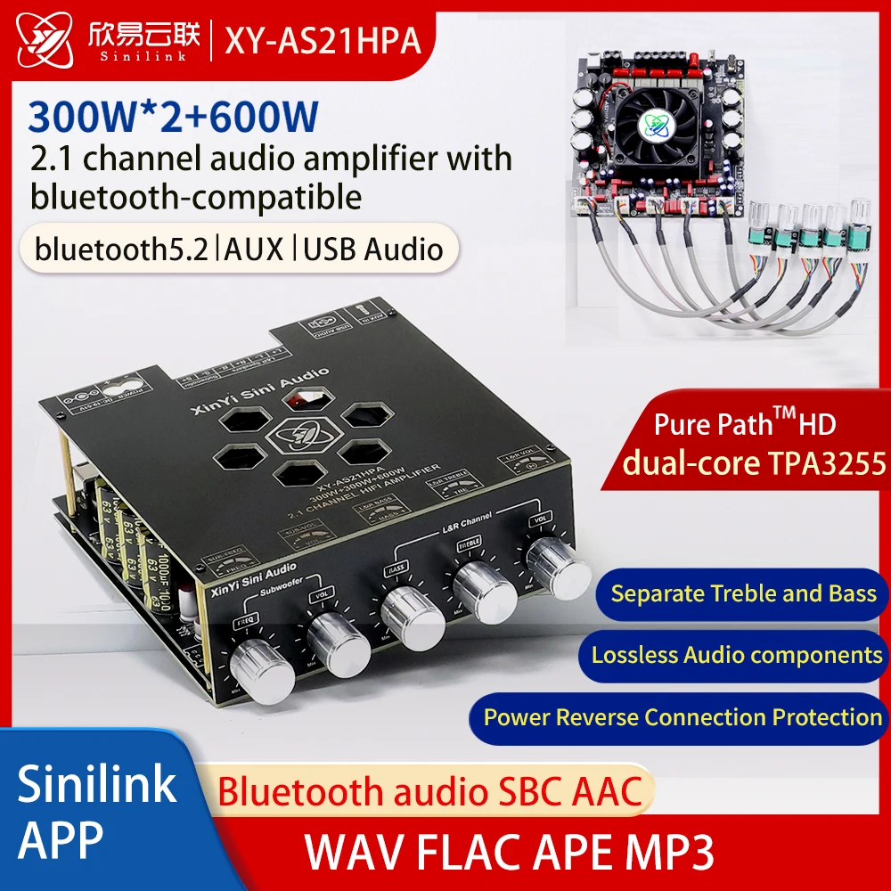 AS21 TPA3255  Bluetooth 5.2 2.1 Channel Power Audio Stereo Subwoofer Amplifier Board 300WX2+600W TREBLE Bass note tuning AMP