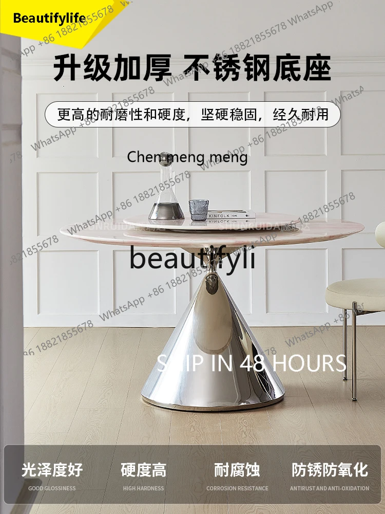 2003 Imported Pink Diamond Luxury Stone Dining Table Round Rose with Turntable Pure Natural Marble Dining Table