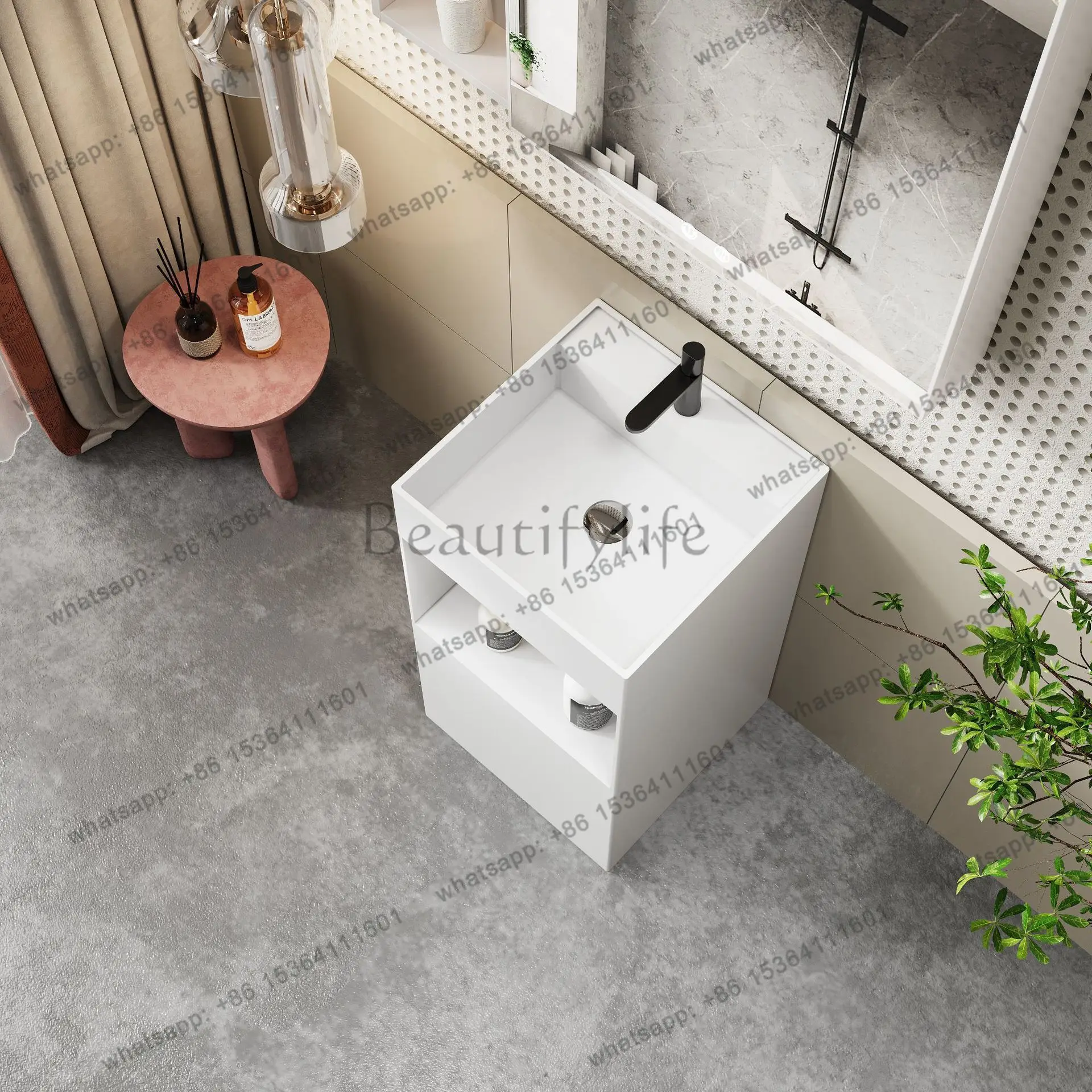 Integrated floor-to-ceiling artificial stone column basin with faucet hole storage basin
