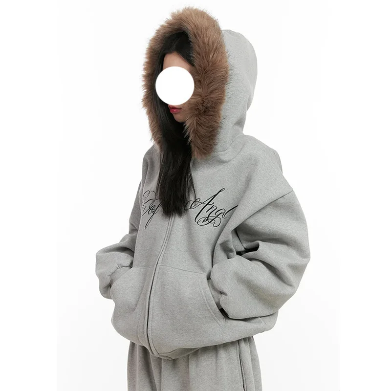 2025 automne et hiver nouveau personnalisé hiver rue mode tendance col de fourrure imprimé lettre fermeture éclair cardigan à capuche