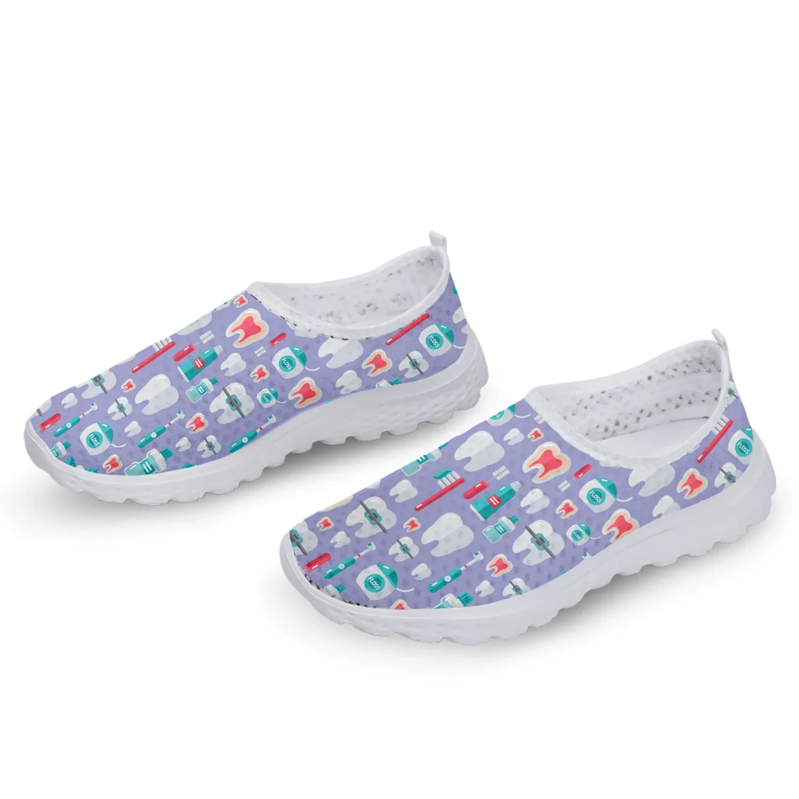 Trendy Medical Nurse Shoes Dental Flat Shoes Ladies Cartoon Teeth Print Lightweight Soft-soled Indoor Sneakers