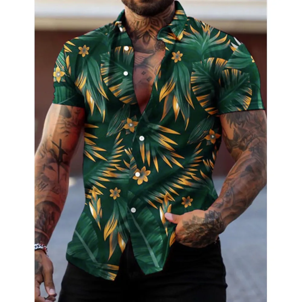 Camisa con estampado 3D de hojas para hombre, camisa de manga corta con botones en 3D, ropa informal transpirable de diseñador de moda