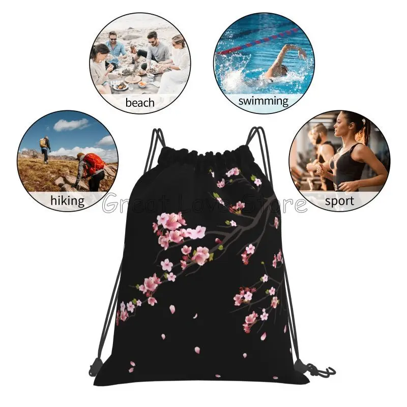 حقيبة ظهر برباط على شكل أزهار الكرز ساكورا اليابانية للنساء خفيفة الوزن وقابلة للطي حقيبة رياضية للصالة الرياضية أكياس محمولة للتدريب
