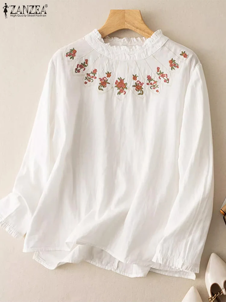 ZANZEA 2024 Autumn Vintage Long Sleeve Floral Embroidery Blouse Women Stand Collor Shirt Casual Loose Work Blusas Female TOPS