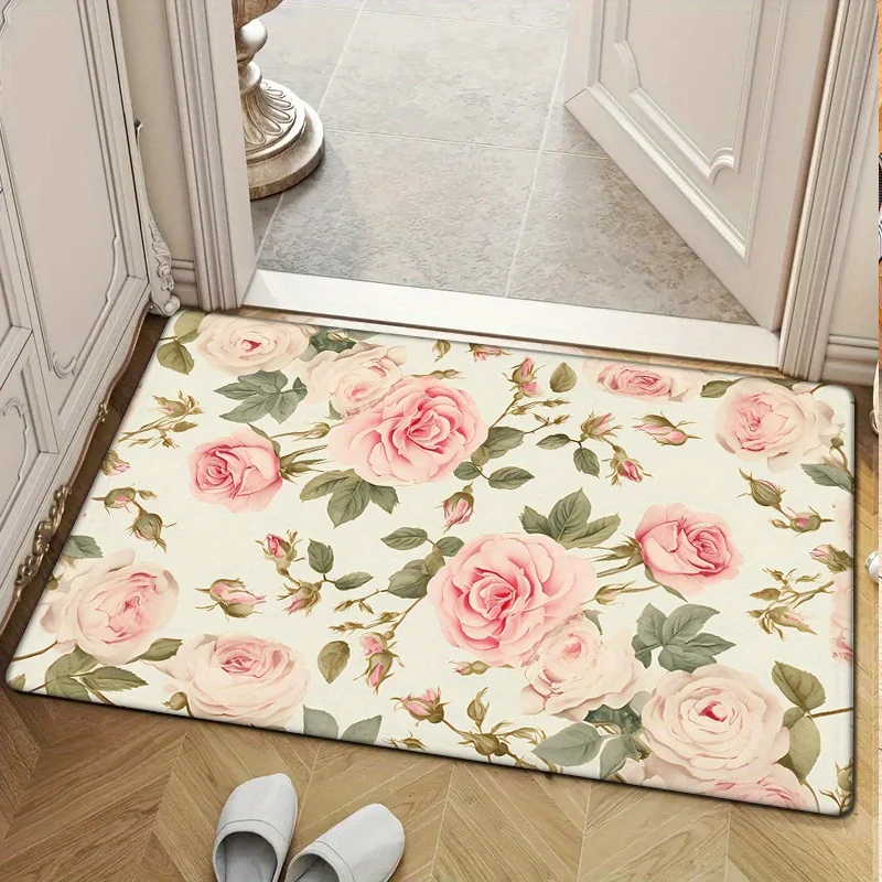 VIKAMA French Vintage Rose Floral Entrance Mat Entrance Water Absorbent Non Slip Wear Resistant Floor Mats Home Decoration