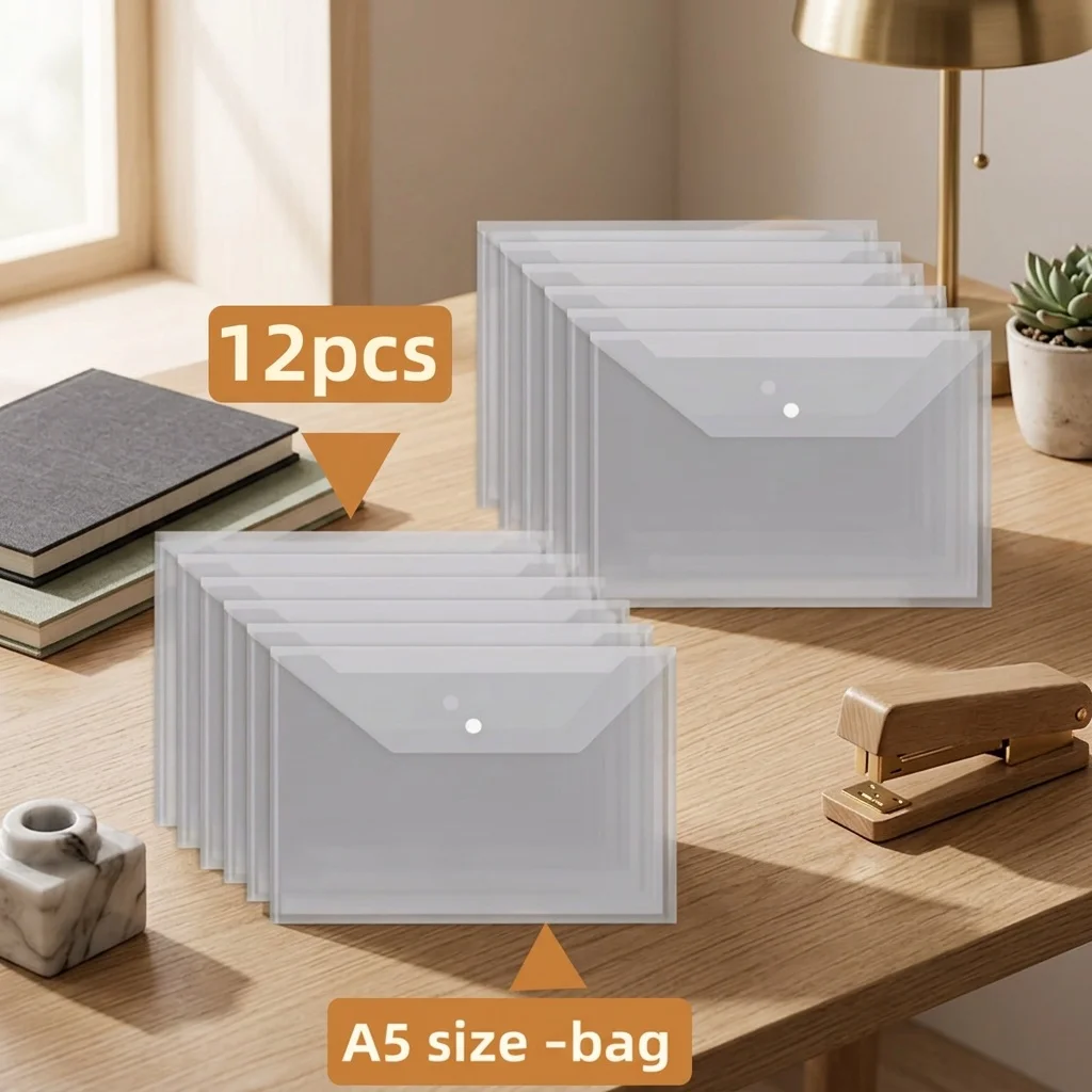 12Pcs A5 PP Plastic File Envelope with Snap Closure, Water Resistant Document Bag for Home, Office & School Desk Storage