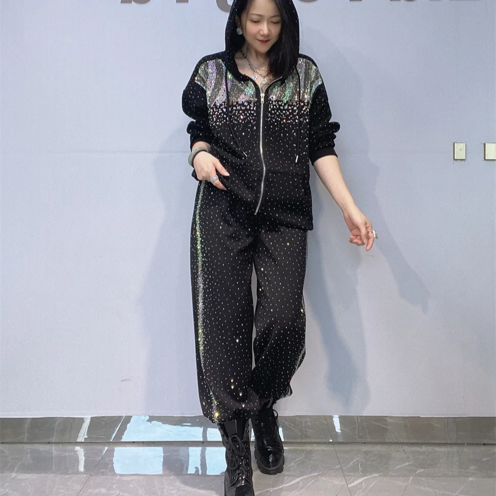 Oversized 2 Piece Sets Womens Outfits Diamonds Autumn Loose Black Tracksuit Casual Hooded Zipper Cardigan Top and Pant Suits