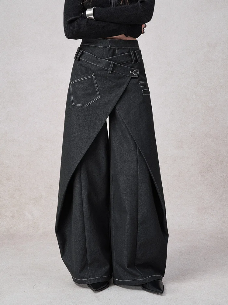 Genetic Drifting Symphonic Design Lose Jeans mit weitem Bein für Damen im Frühherbst, lässige Baumwoll-Stretch-Denim-Hose mit hoher Taille