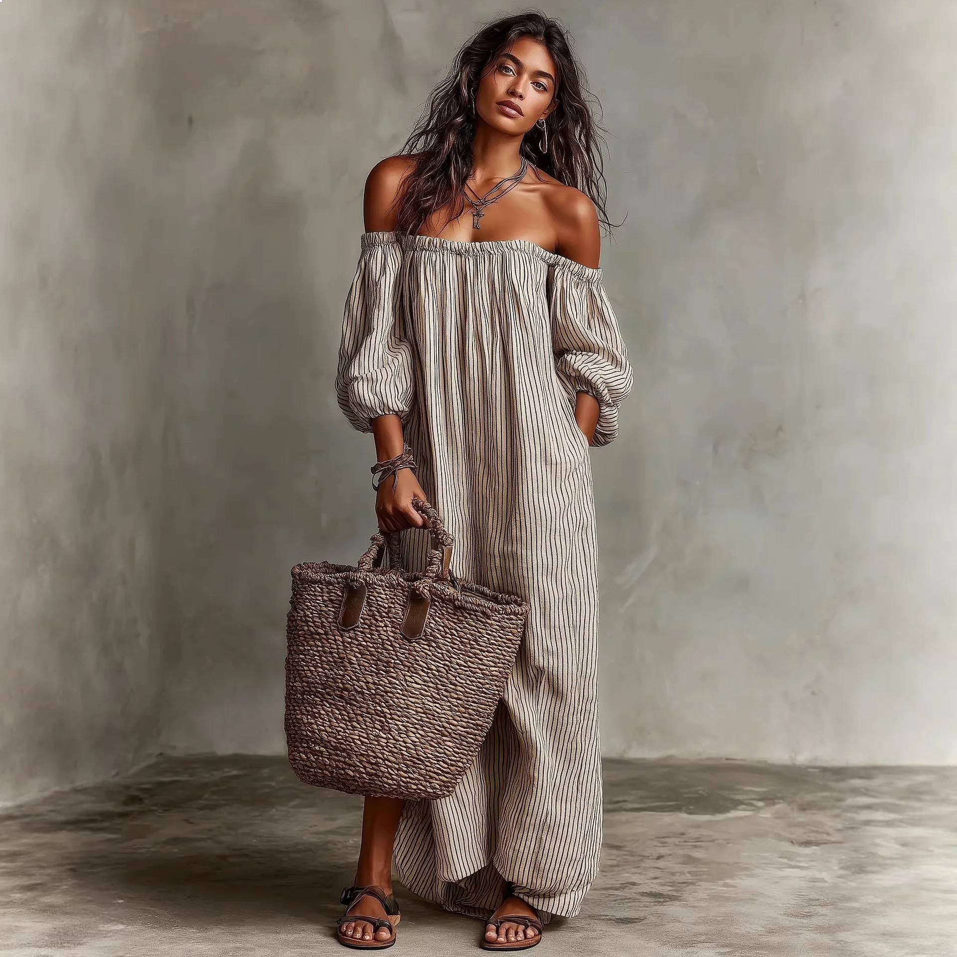 Striped Off Shoulder Long Sleeve Dress Summer Spring Vacation Maxi Dress Jumpsuit Playsuit