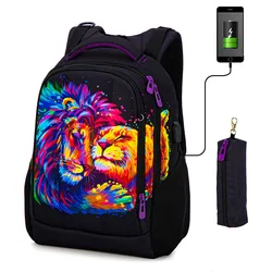 Saco de escola ortopédico para meninas 3d tigre animal imprime mochilas carregamento usb multifuncional bagpack adolescentes bookbag