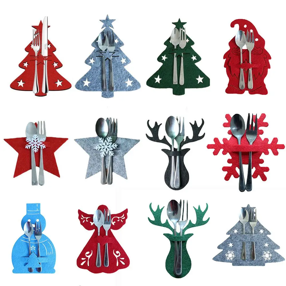 4PCS Christmas Knife Fork Holder Table Decorations Tableware Organizer Cutlery Bag Supplies Snowflake Santa Claus Cutlery Pocket