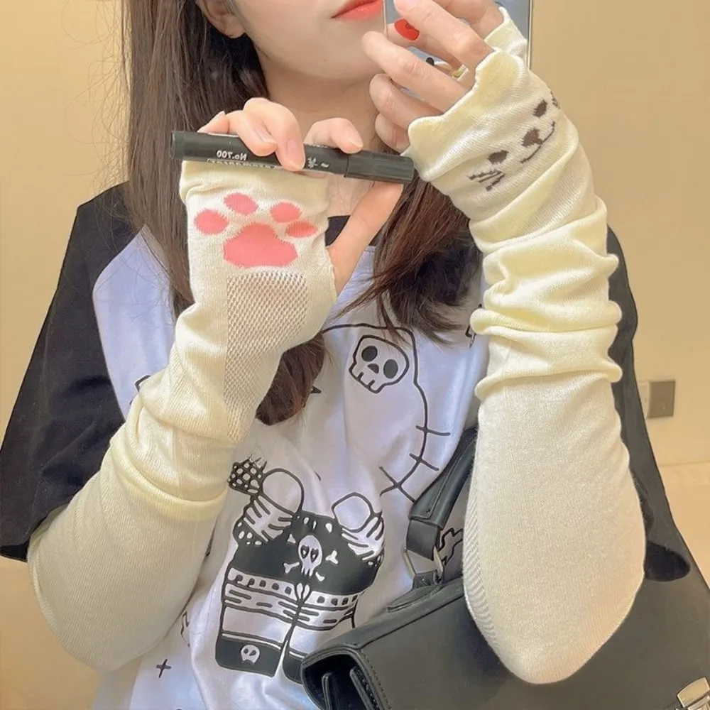 

Kawaii Fingerless Kitty Paw Arm Sleeves UV Protection Breathable Cat Claw Arm Cover Cotton Thin Cat Oversleeve JK