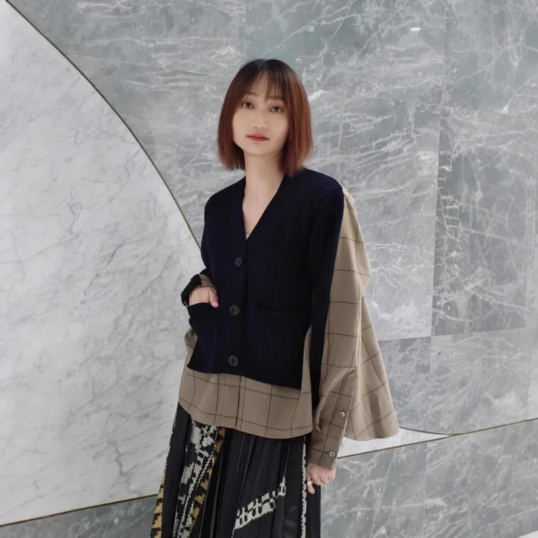 2024 Autumn/Winter patchwork knit sweater with casual coat