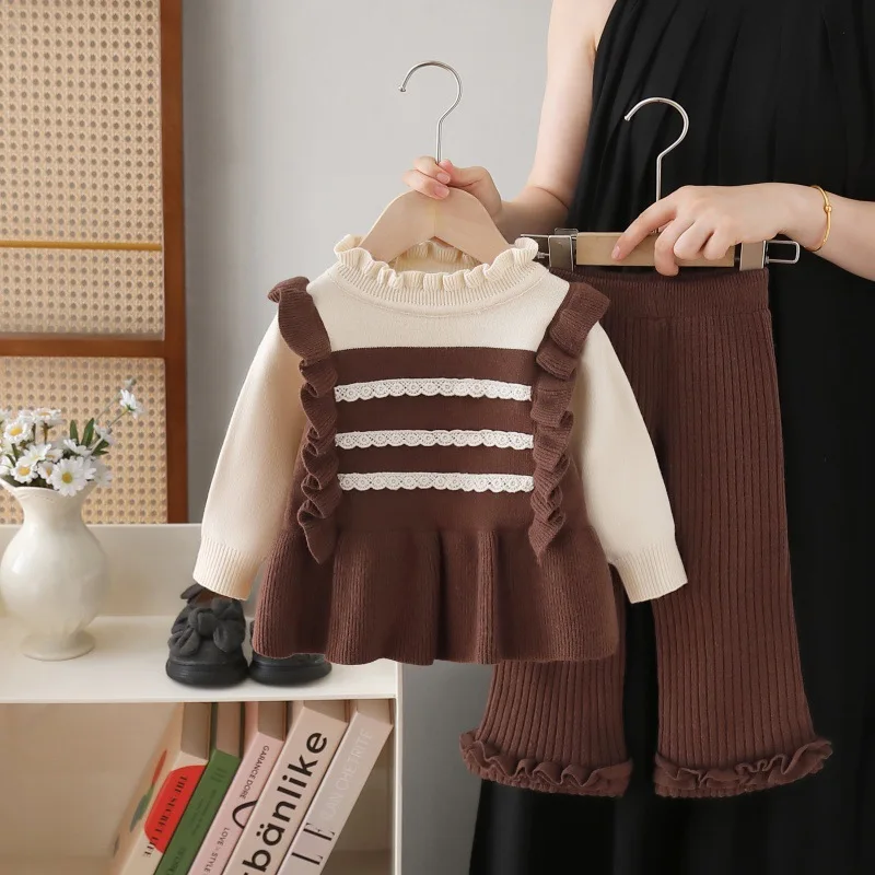 1-9Y Girls jumper round neck 2025 new knitted two-piece sweet cute little girl trousers set 90-130cm